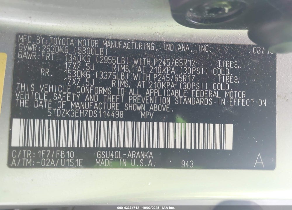 2013 TOYOTA HIGHLANDER BASE V6 VIN: 5TDZK3EH7DS114498