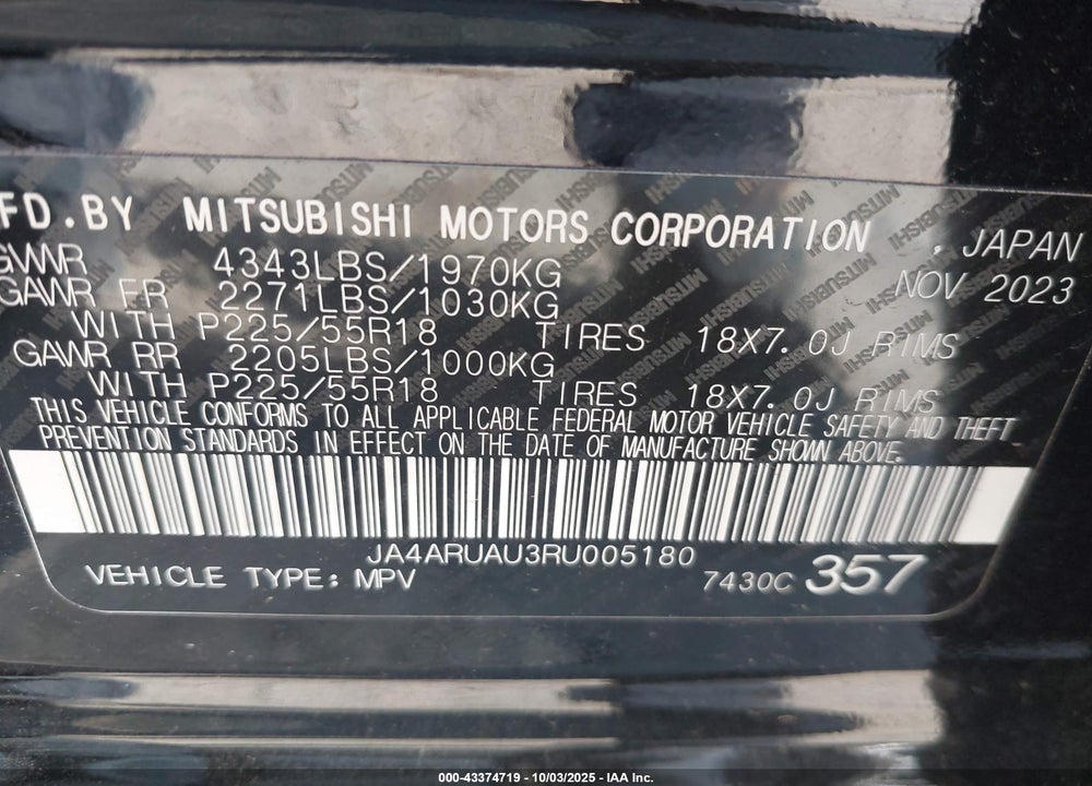 2024 MITSUBISHI OUTLANDER SPORT VIN: JA4ARUAU3RU005180