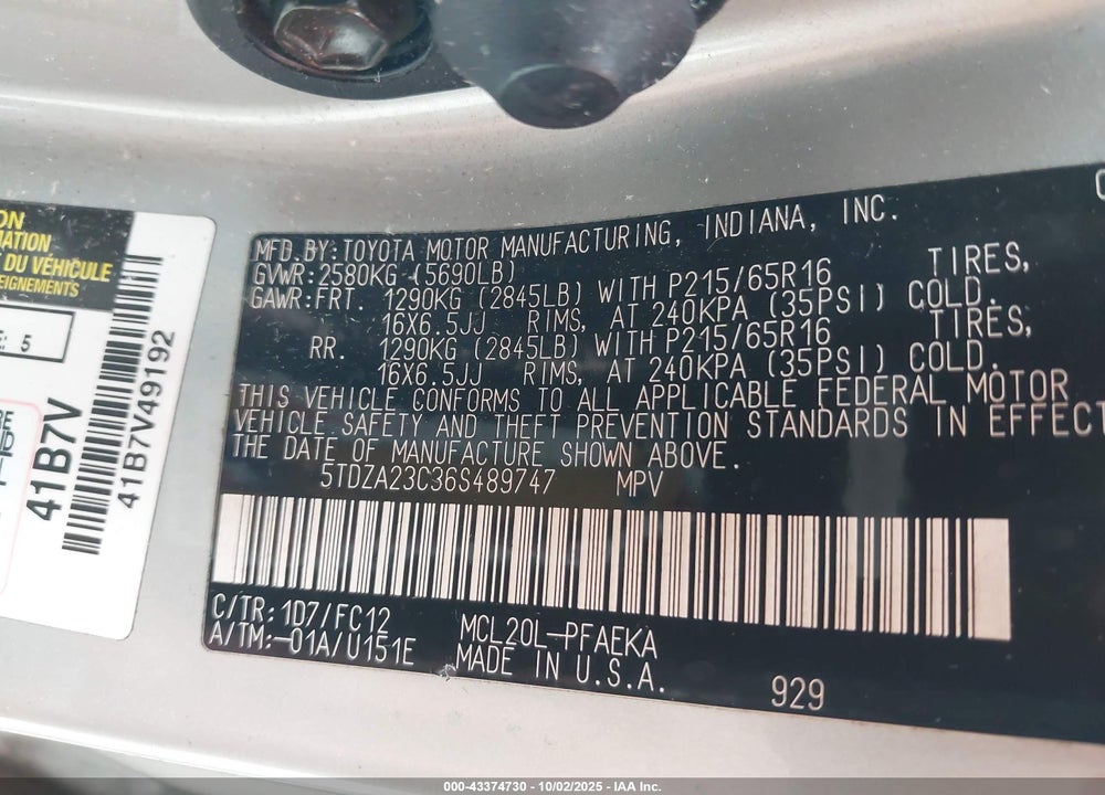 2006 TOYOTA SIENNA LE VIN: 5TDZA23C36S489747