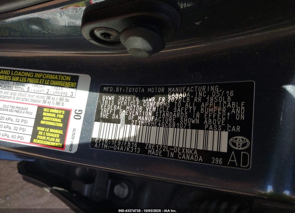 2016 TOYOTA COROLLA VIN: 2T1BURHE4GC681071