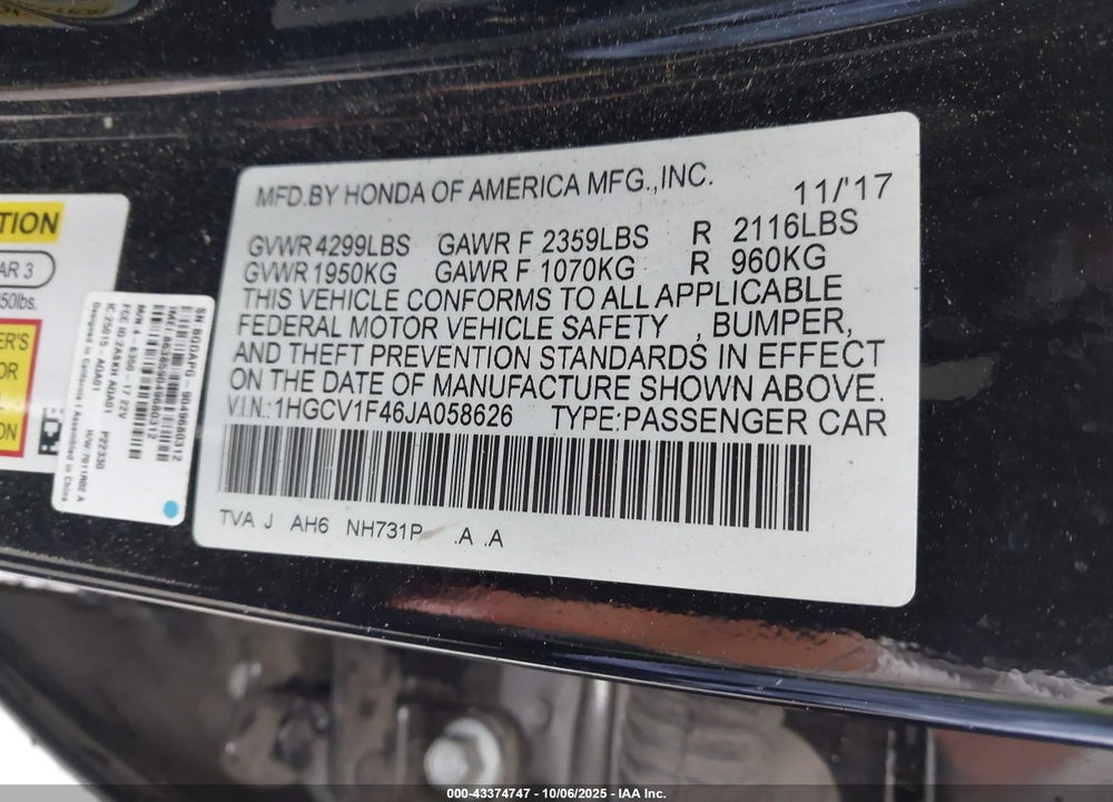2018 HONDA ACCORD VIN: 1HGCV1F46JA058626
