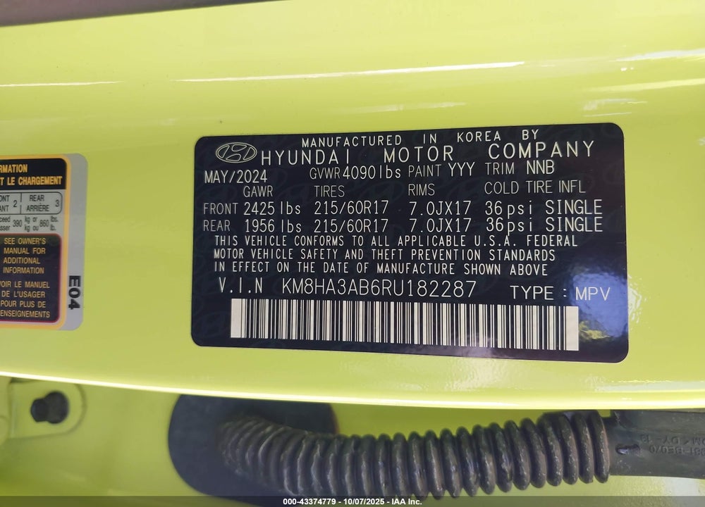 2024 HYUNDAI KONA SE VIN: KM8HA3AB6RU182287