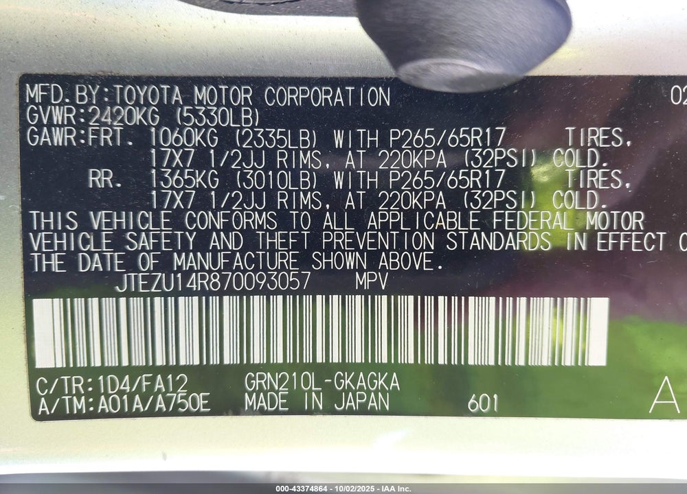 2007 TOYOTA 4RUNNER VIN: JTEZU14R870093057