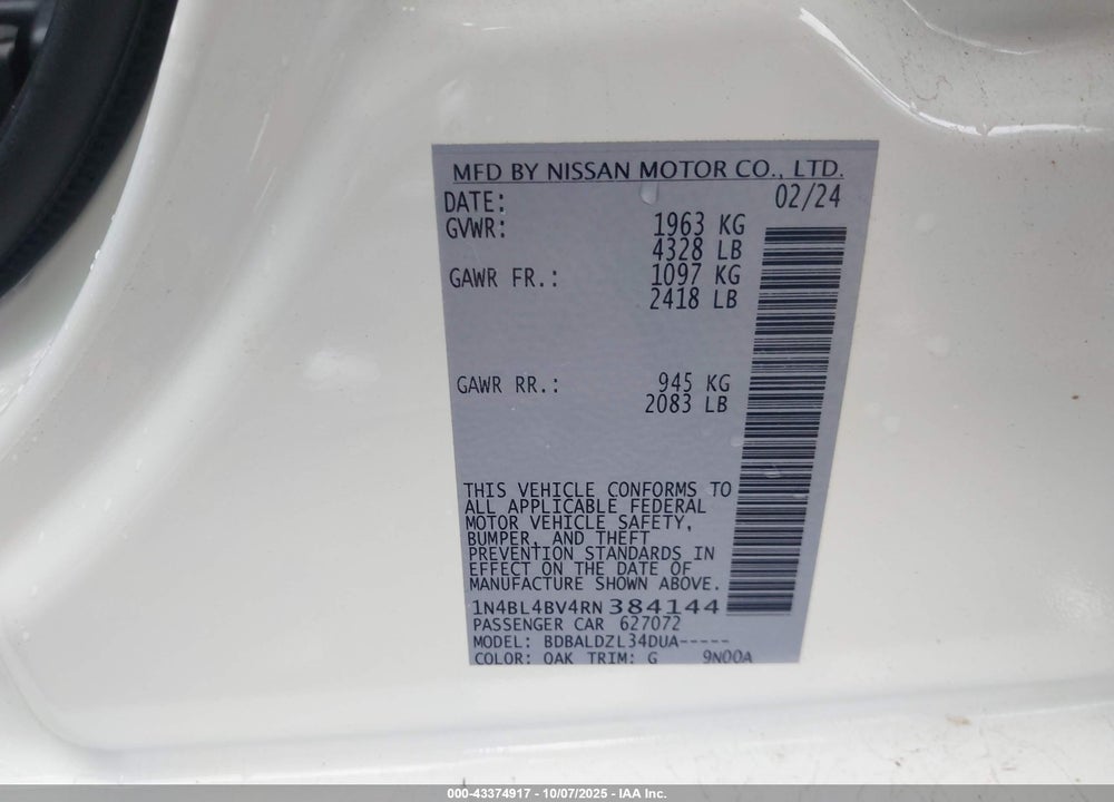 2024 NISSAN ALTIMA VIN: 1N4BL4BV4RN384144