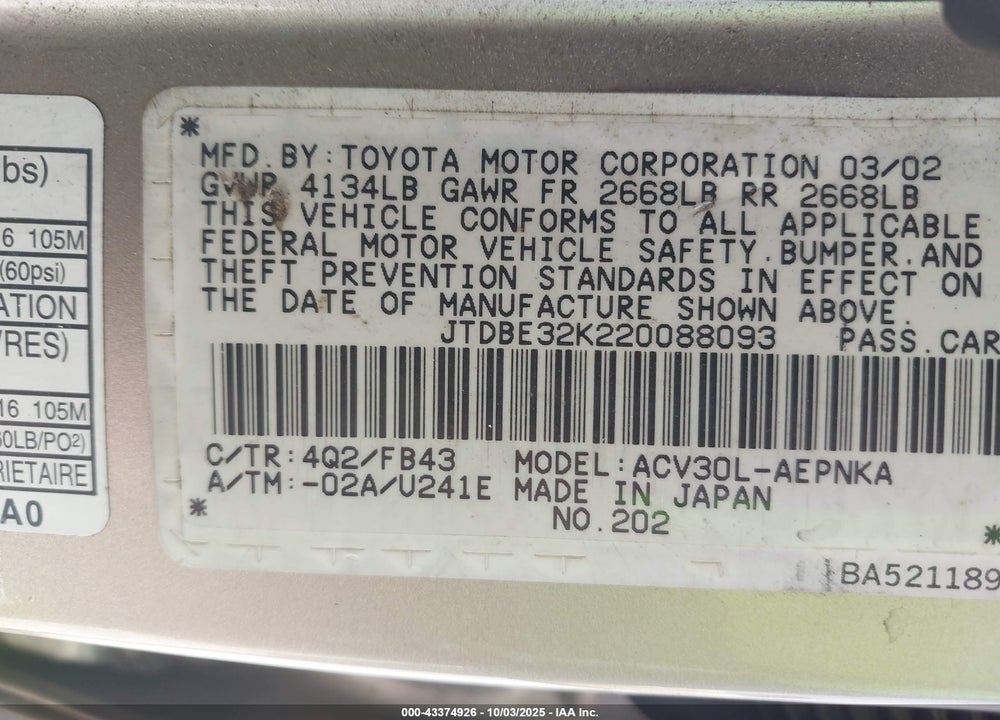 2002 TOYOTA CAMRY LE VIN: JTDBE32K220088093