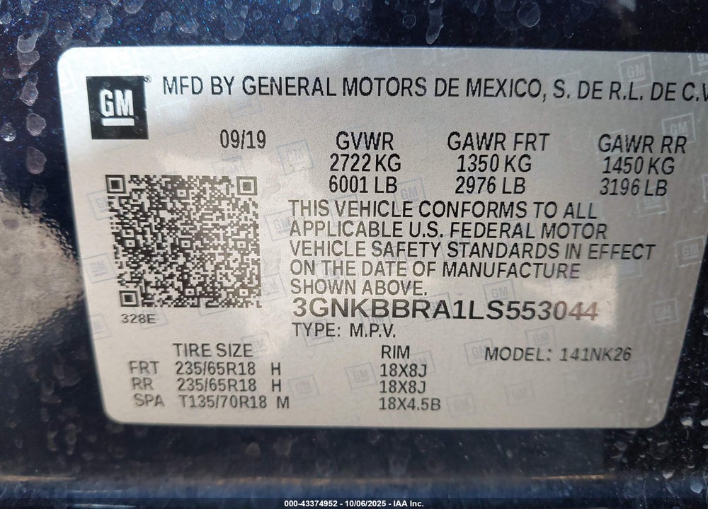 2020 CHEVROLET BLAZER FWD 1LT VIN: 3GNKBBRA1LS553044