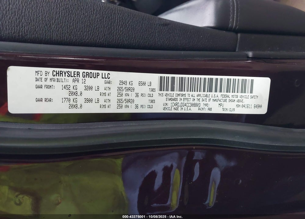 2012 DODGE DURANGO VIN: 1C4RDJDG4CC308803