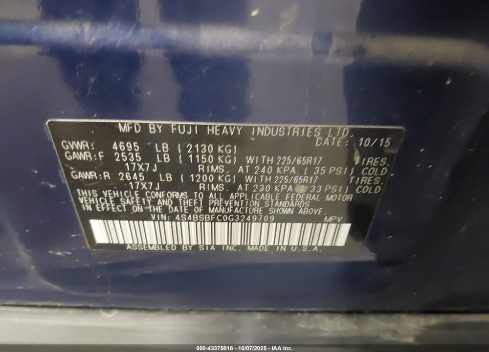 2016 SUBARU OUTBACK VIN: 4S4BSBFC0G3249709