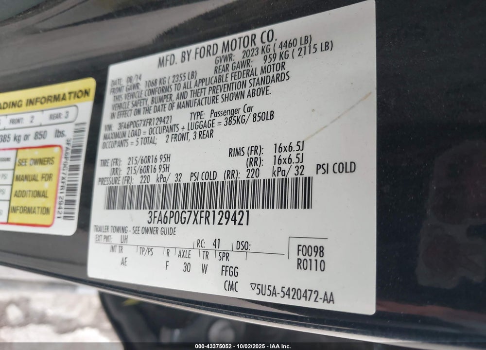 2015 FORD FUSION S VIN: 3FA6P0G7XFR129421