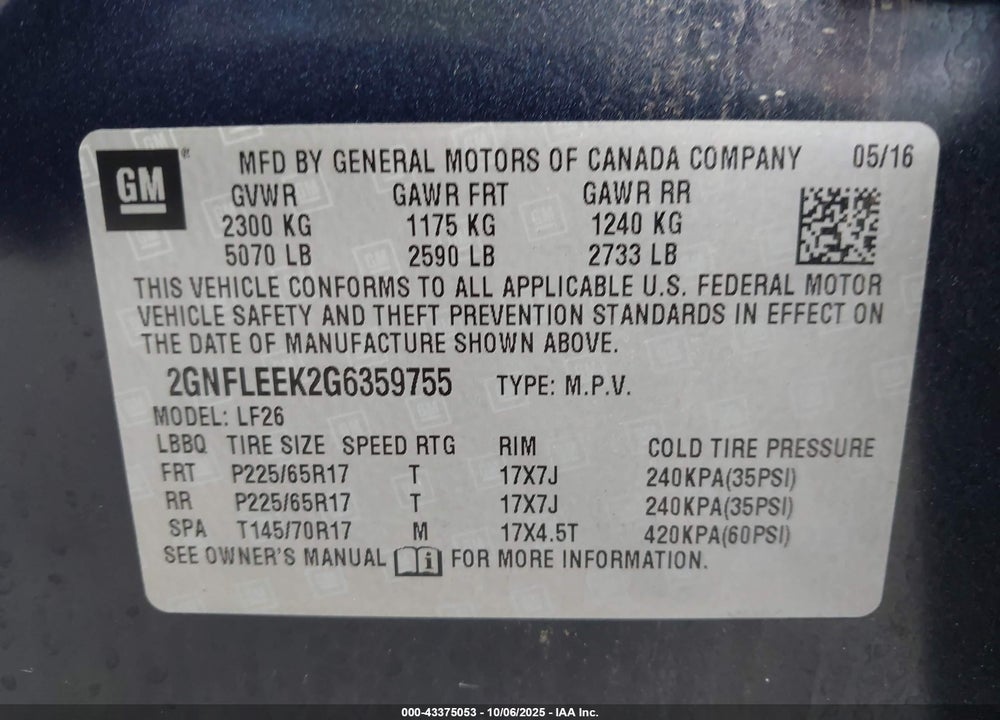 2016 CHEVROLET EQUINOX VIN: 2GNFLEEK2G6359755