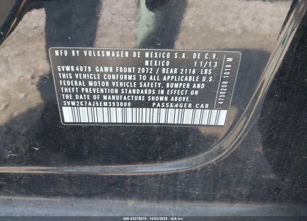 2014 VOLKSWAGEN JETTA VIN: 3VW2K7AJ5EM393000