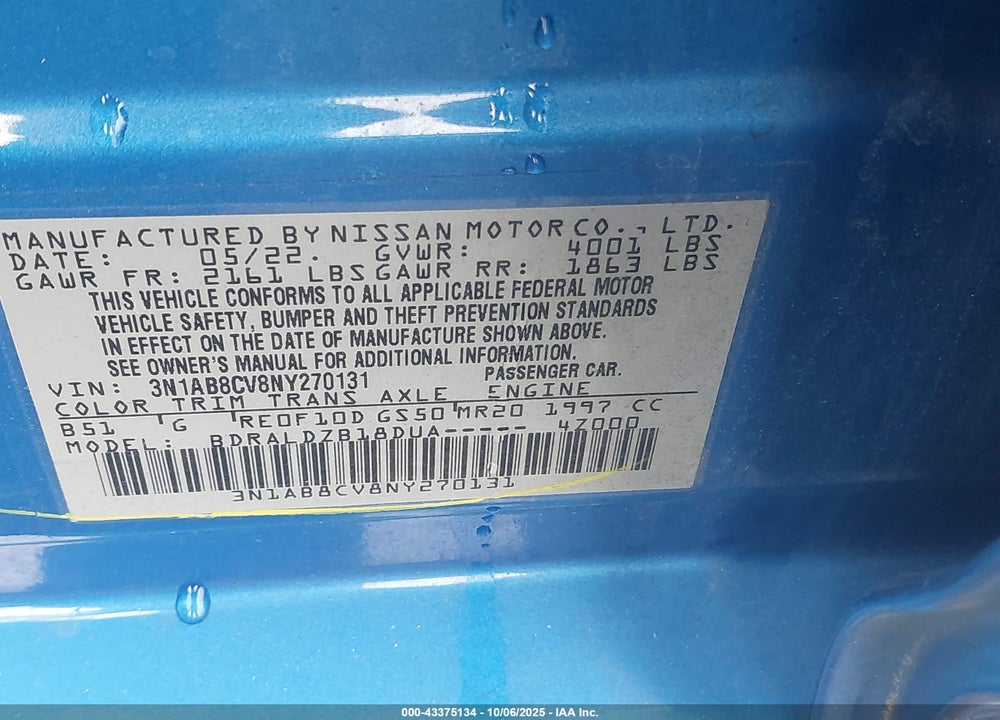 2022 NISSAN SENTRA SV XTRONIC CVT VIN: 3N1AB8CV8NY270131