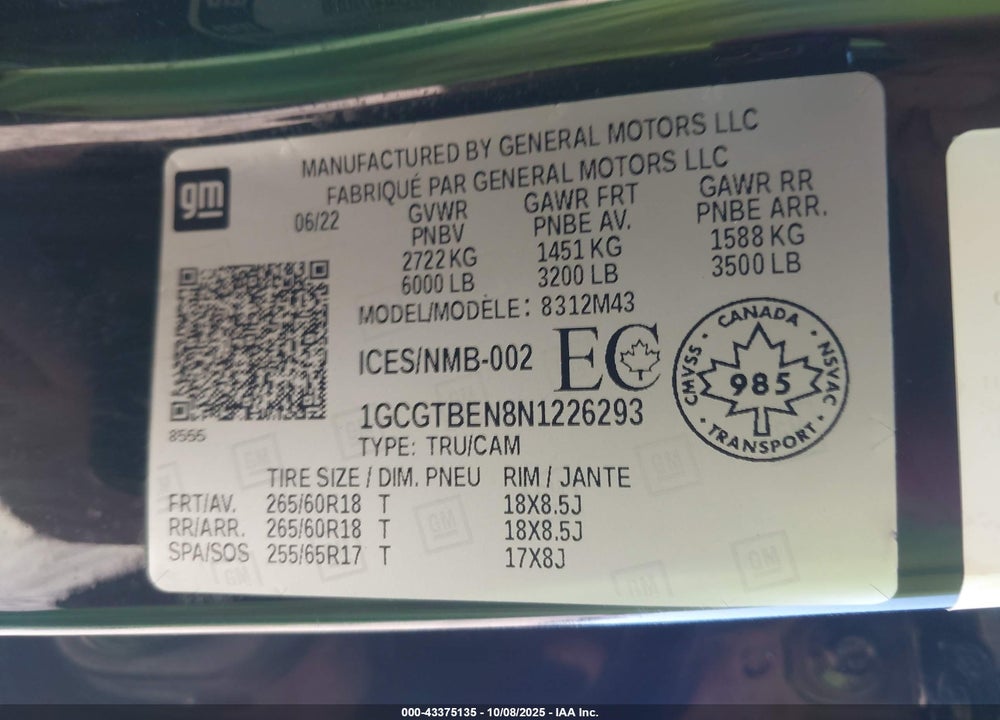 2022 CHEVROLET COLORADO 4WD  LONG BOX WT/4WD  SHORT BOX WT VIN: 1GCGTBEN8N1226293
