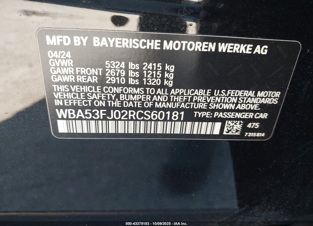 2024 BMW 5 SERIES VIN: WBA53FJ02RCS60181