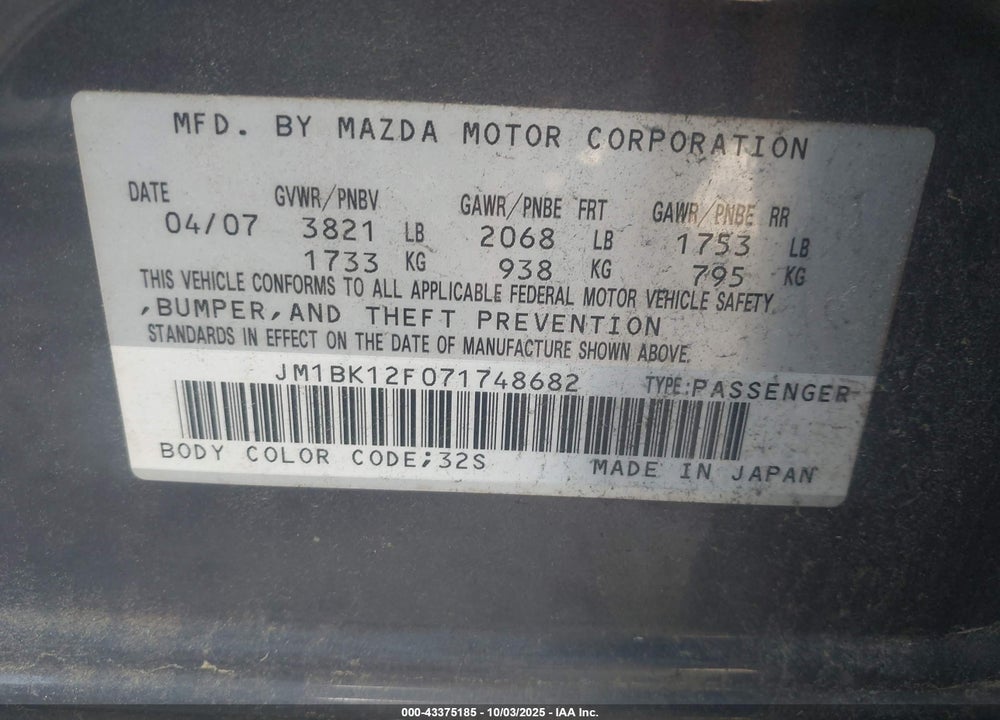 2007 MAZDA 3 VIN: JM1BK12F071748682