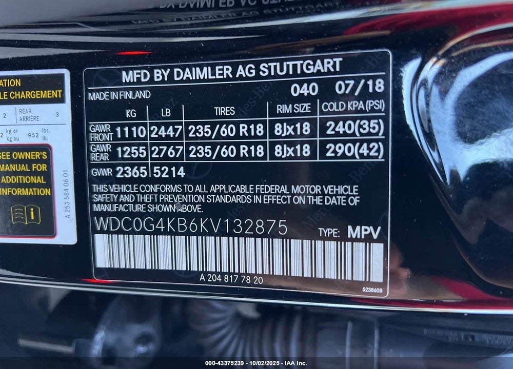 2019 MERCEDES-BENZ GLC CLASS VIN: WDC0G4KB6KV132875