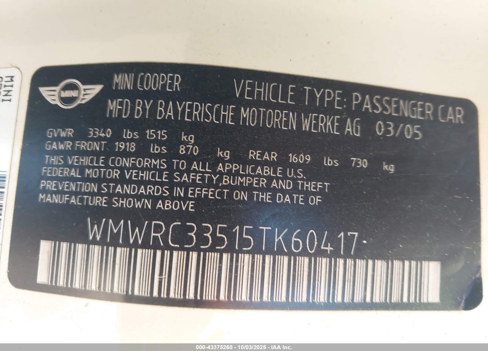 2005 MINI COOPER VIN: WMWRC33515TK60417