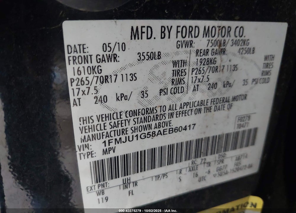 2010 FORD EXPEDITION VIN: 1FMJU1G58AEB60417