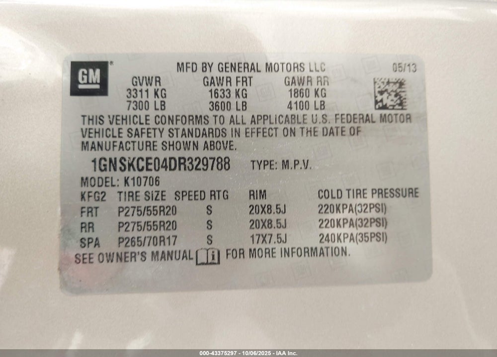 2013 CHEVROLET TAHOE VIN: 1GNSKCE04DR329788