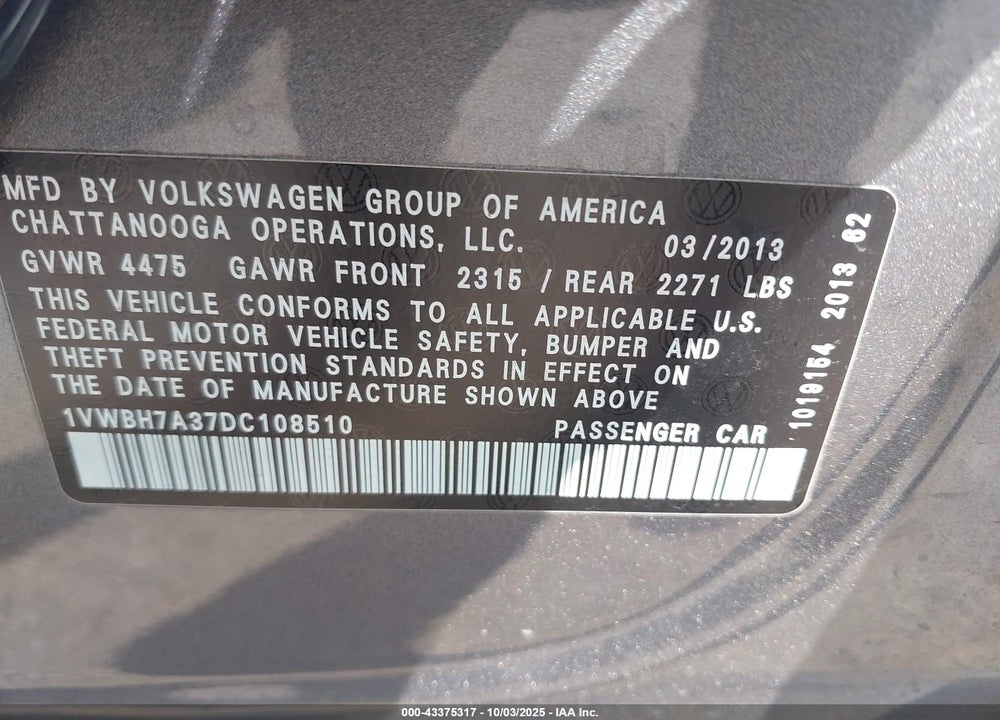 2013 VOLKSWAGEN PASSAT VIN: 1VWBH7A37DC108510