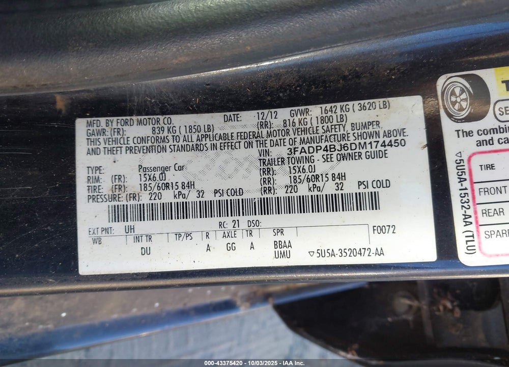 2013 FORD FIESTA SE VIN: 3FADP4BJ6DM174450