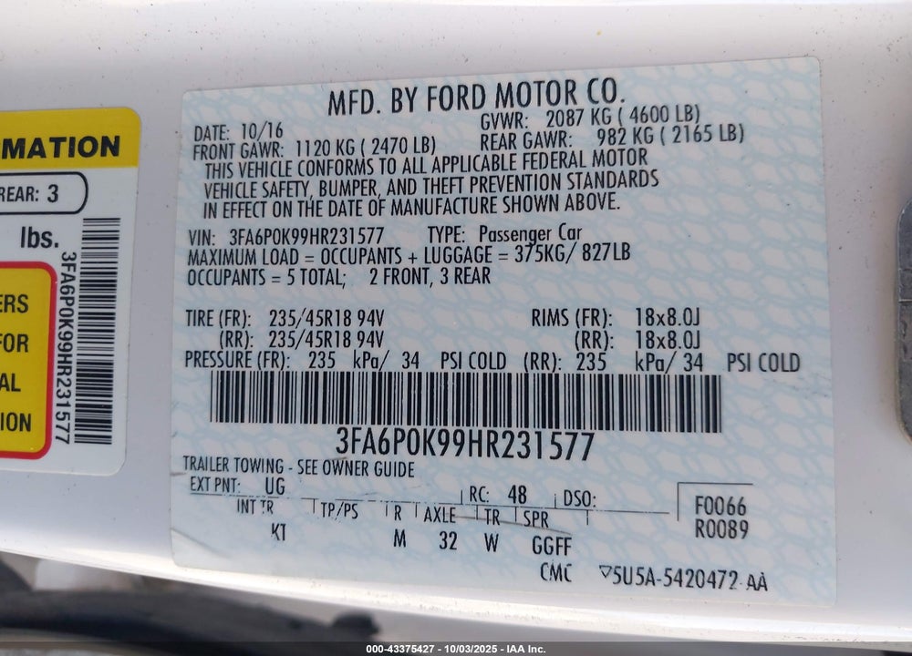 2017 FORD FUSION VIN: 3FA6P0K99HR231577