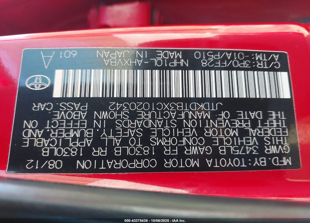 2012 TOYOTA PRIUS C VIN: JTDKDTB3XC1020342