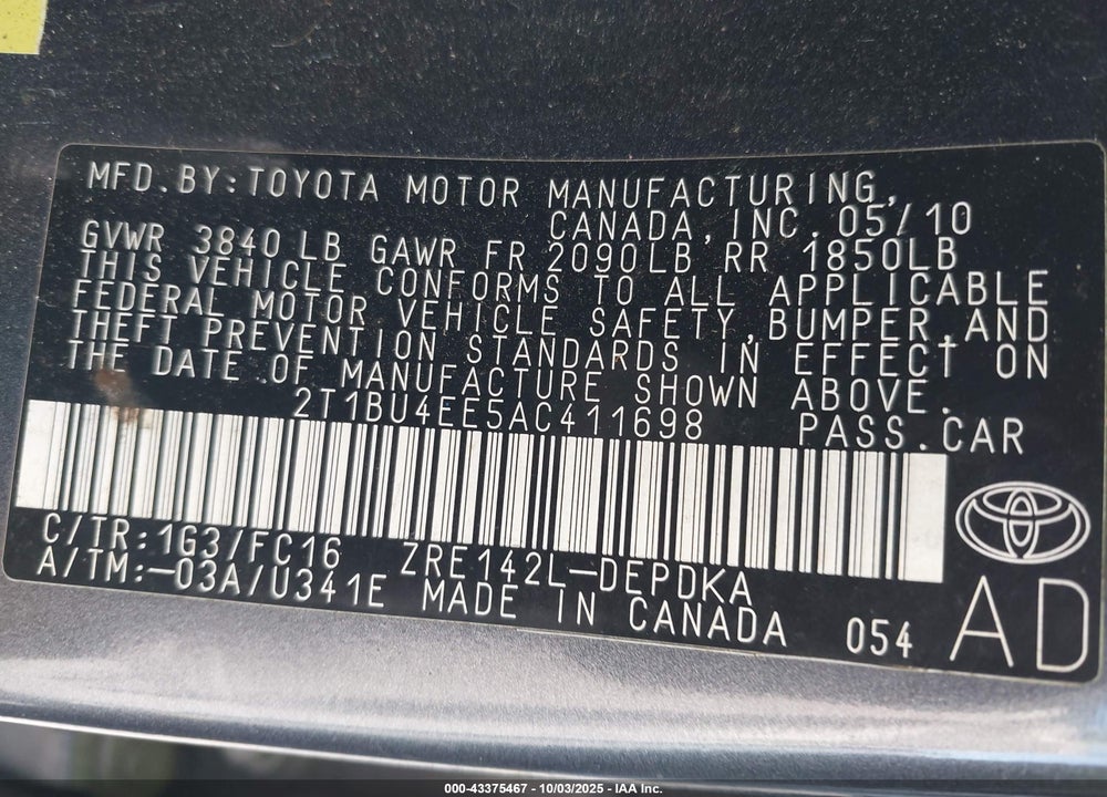 2010 TOYOTA COROLLA VIN: 2T1BU4EE5AC411698
