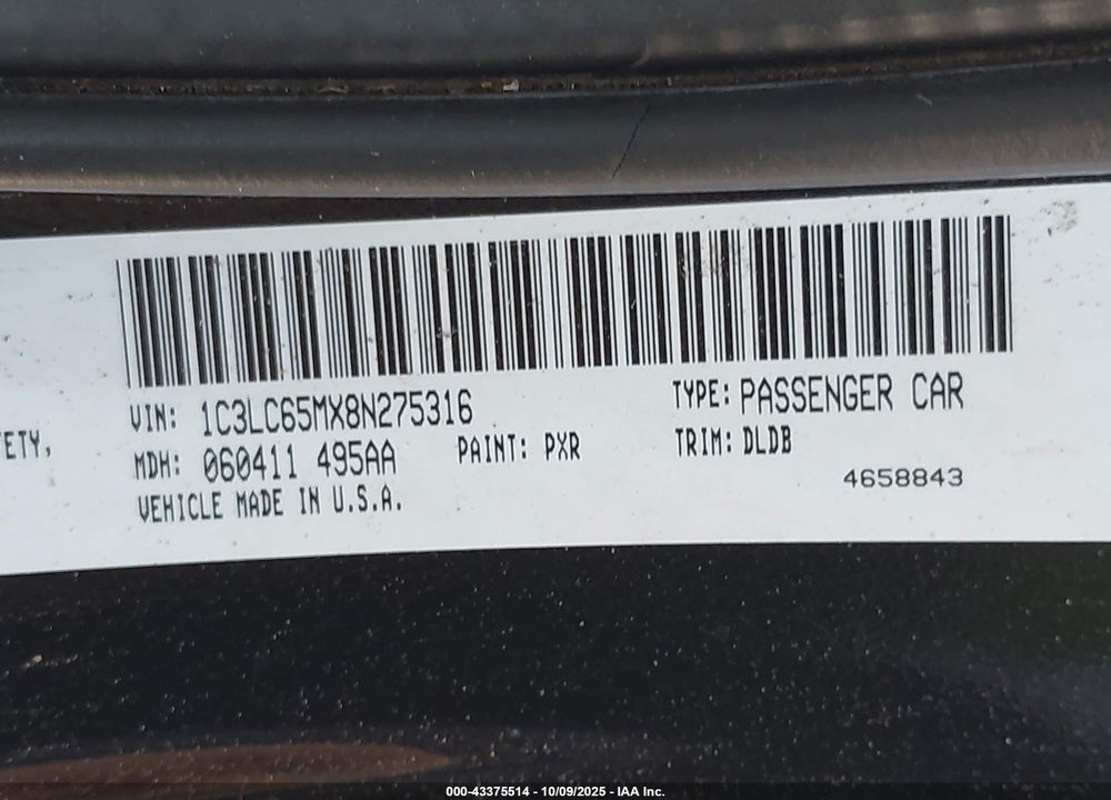 2008 CHRYSLER SEBRING VIN: 1C3LC65MX8N275316