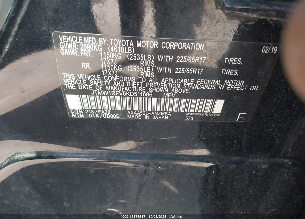 2019 TOYOTA RAV4 XLE VIN: JTMW1RFV5KD511696