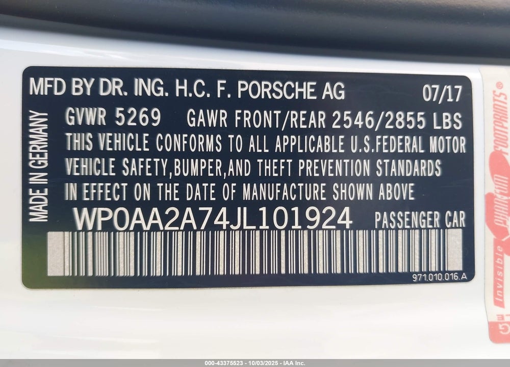 2018 PORSCHE PANAMERA 4 VIN: WP0AA2A74JL101924