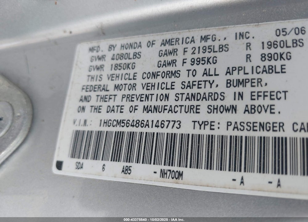 2006 HONDA ACCORD VIN: 1HGCM56486A146773