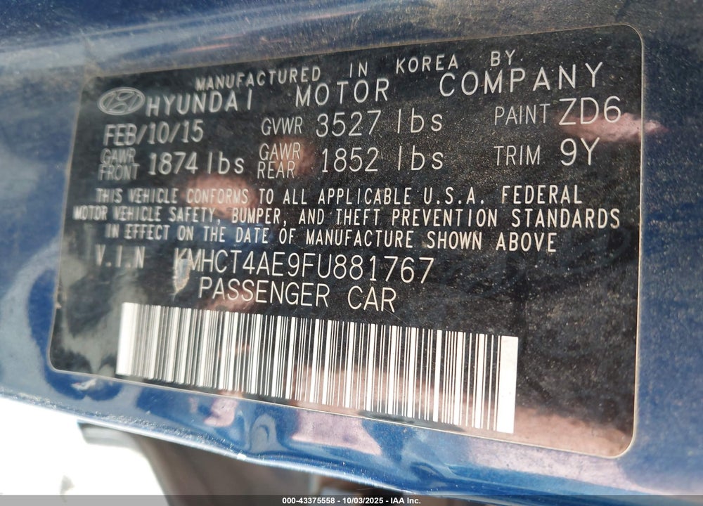 2015 HYUNDAI ACCENT VIN: KMHCT4AE9FU881767