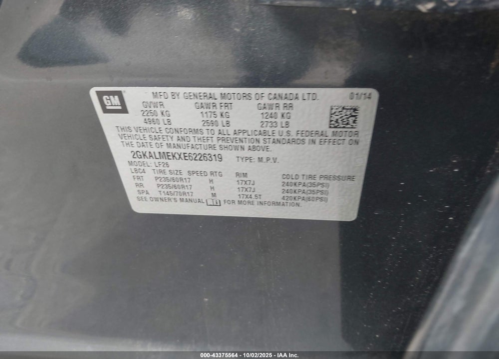 2014 GMC TERRAIN VIN: 2GKALMEKXE6226319