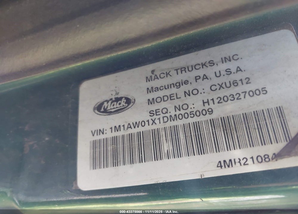 2013 MACK 600 CXU600 VIN: 1M1AW01X1DM005009