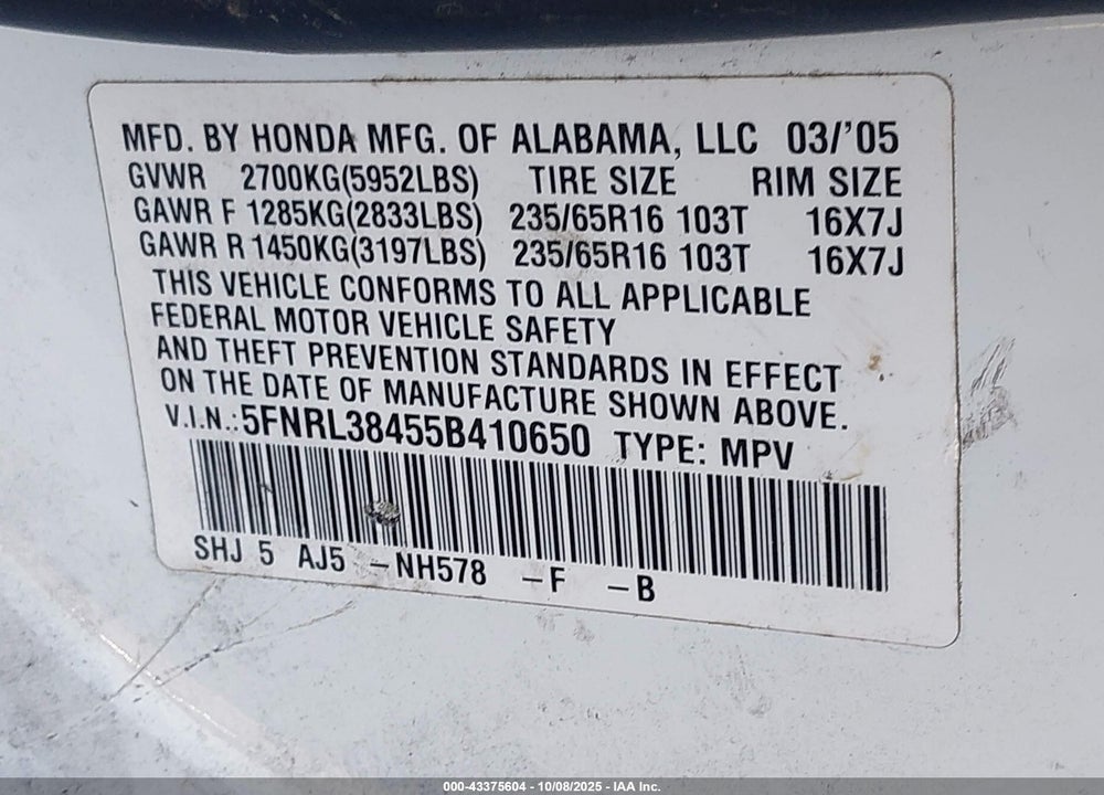 2005 HONDA ODYSSEY EX VIN: 5FNRL38455B410650