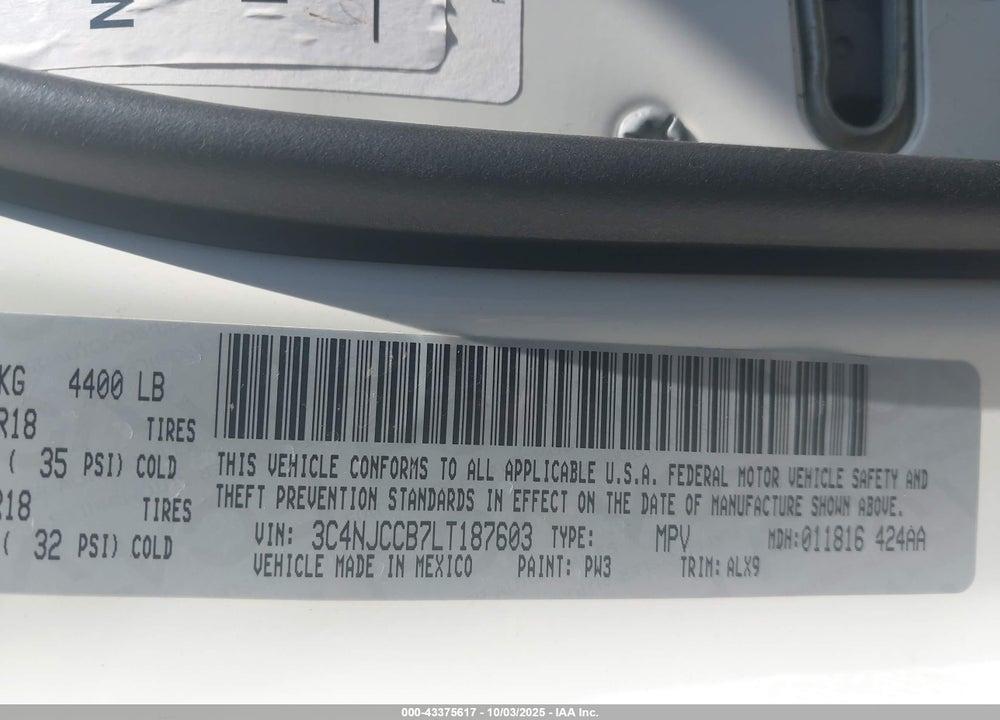2020 JEEP COMPASS VIN: 3C4NJCCB7LT187603