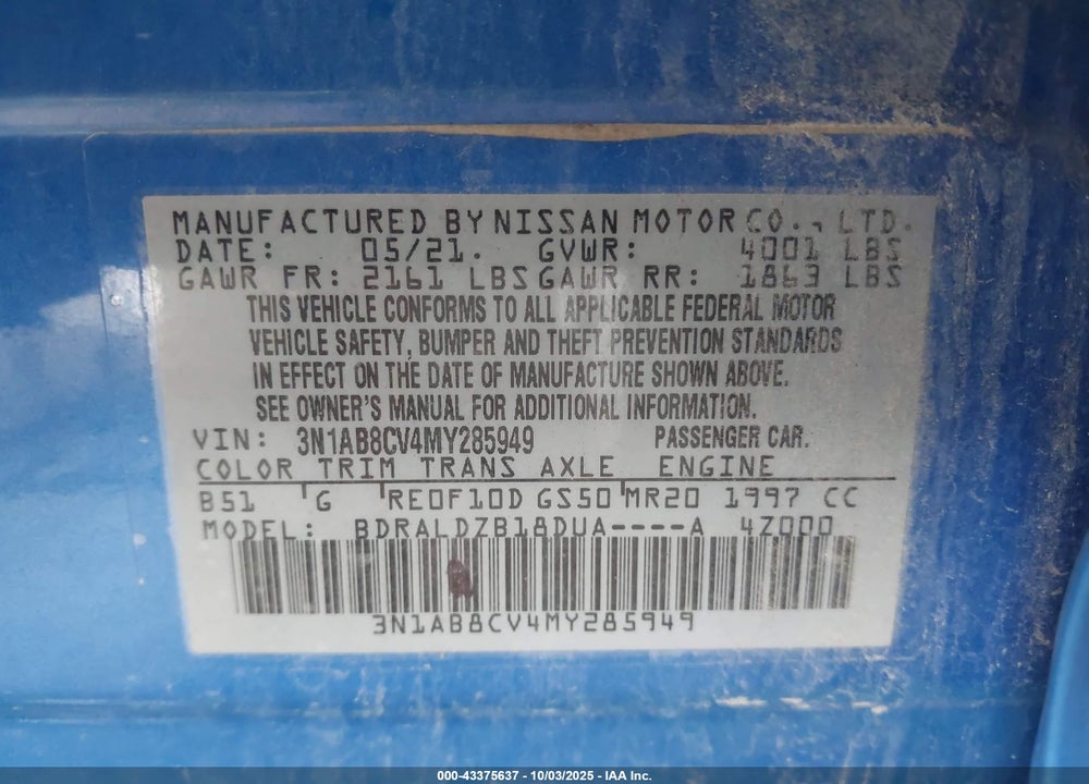 2021 NISSAN SENTRA VIN: 3N1AB8CV4MY285949