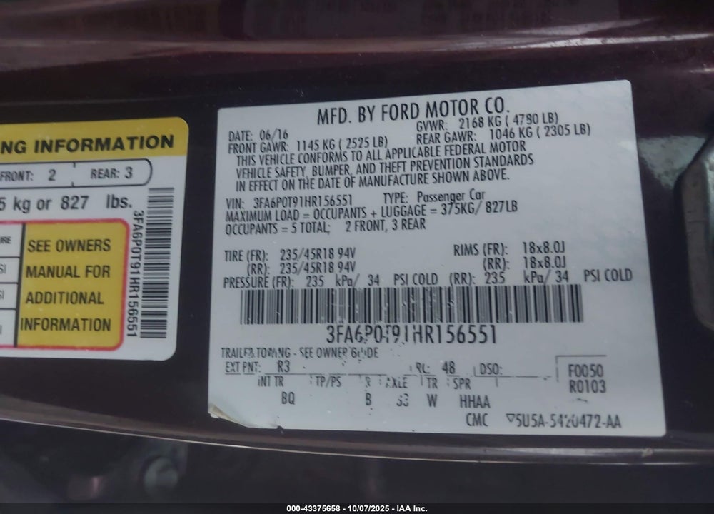 2017 FORD FUSION SE VIN: 3FA6P0T91HR156551