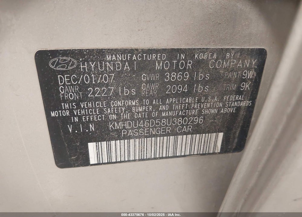 2008 HYUNDAI ELANTRA VIN: KMHDU46D58U380296