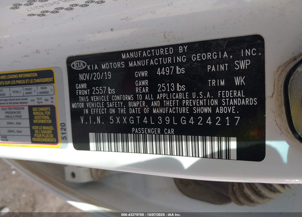 2020 KIA OPTIMA LX VIN: 5XXGT4L39LG424217