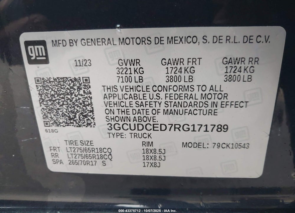 2024 CHEVROLET SILVERADO 1500 4WD  SHORT BED CUSTOM TRAIL BOSS VIN: 3GCUDCED7RG171789