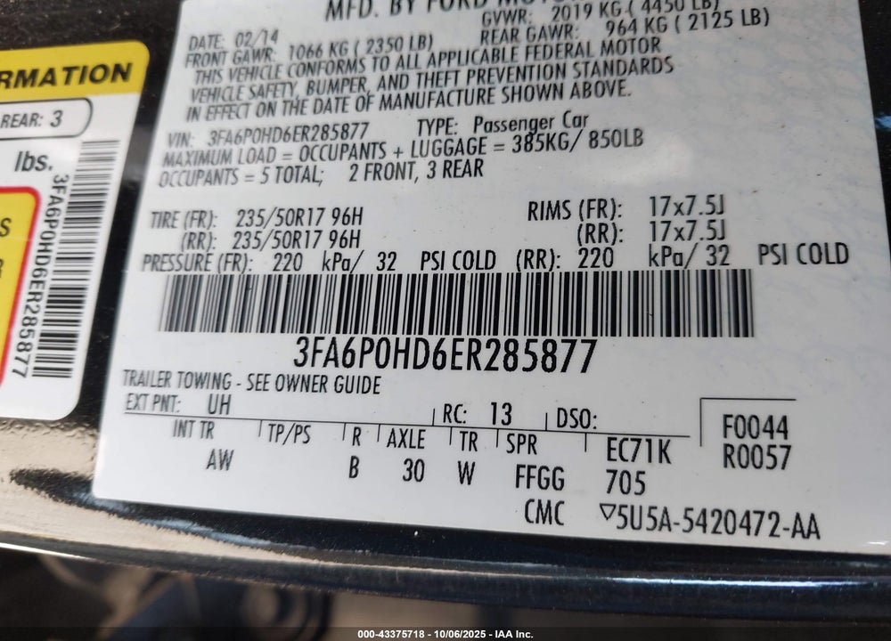 2014 FORD FUSION VIN: 3FA6P0HD6ER285877