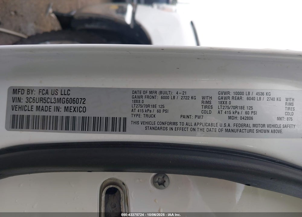 2021 RAM 2500 VIN: 3C6UR5CL3MG606072