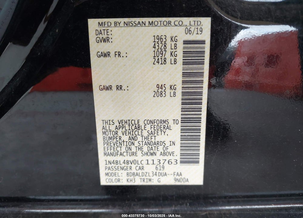 2020 NISSAN ALTIMA VIN: 1N4BL4BV0LC113763