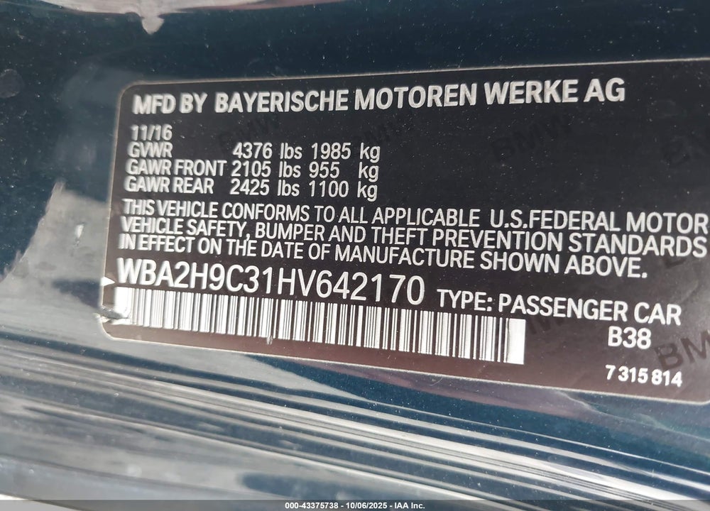 2017 BMW 2 SERIES VIN: WBA2H9C31HV642170
