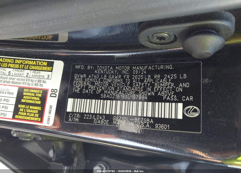 2025 LEXUS ES 350 VIN: 58ADZ1B18SU187894