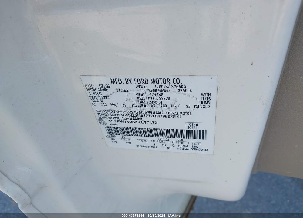 2008 FORD F-150 VIN: 1FTPW14V88KE97470