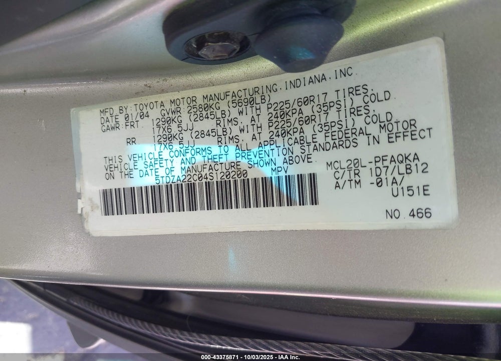 2004 TOYOTA SIENNA XLE/XLE LIMITED VIN: 5TDZA22C04S120200