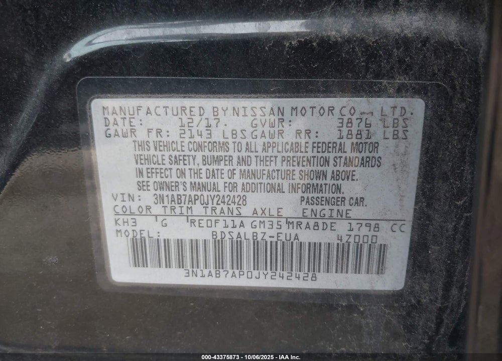 2018 NISSAN SENTRA VIN: 3N1AB7AP0JY242428